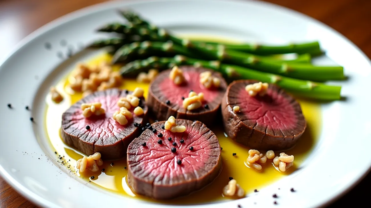 Tagliata di manzo asparagi noci croccanti"