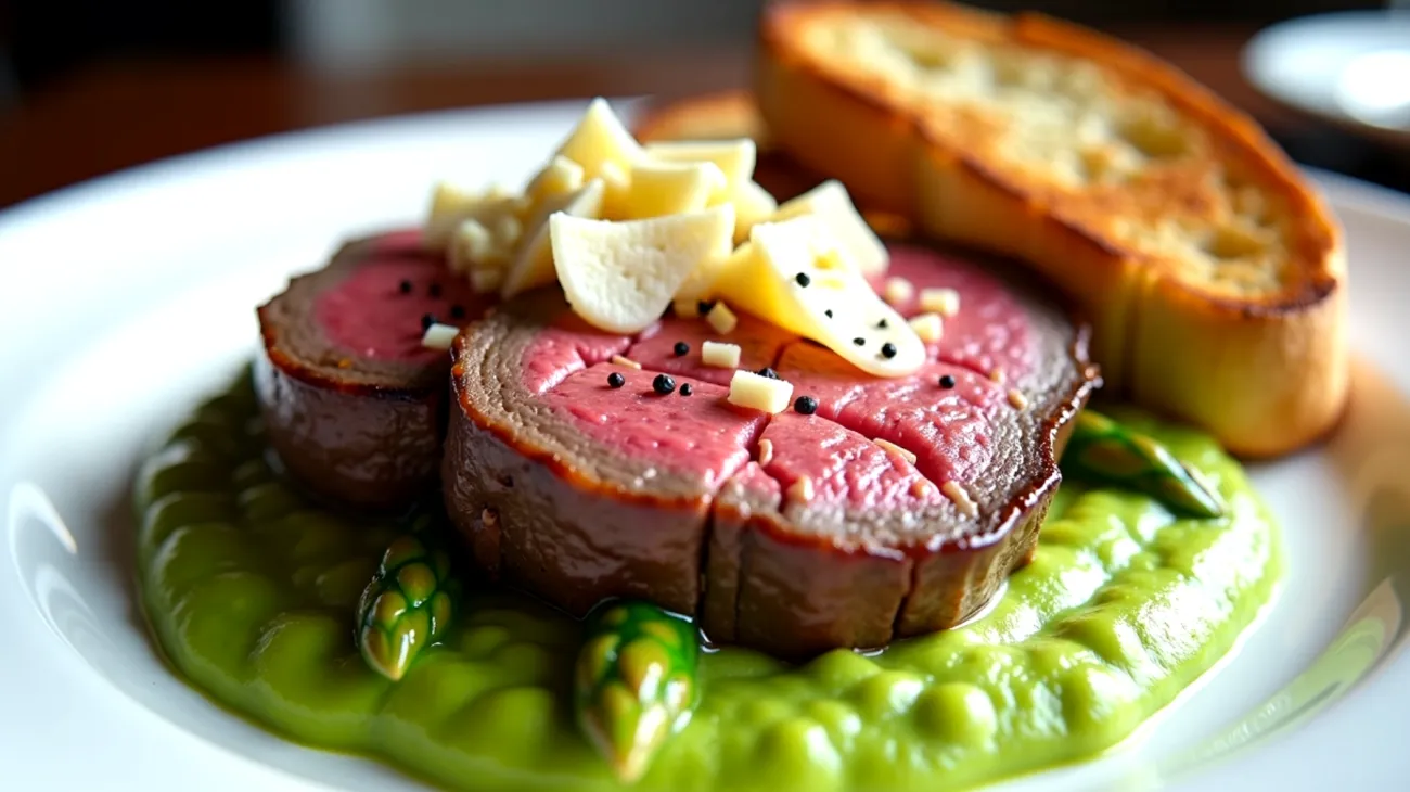 Tagliata di manzo crema di asparagi pane tostato"